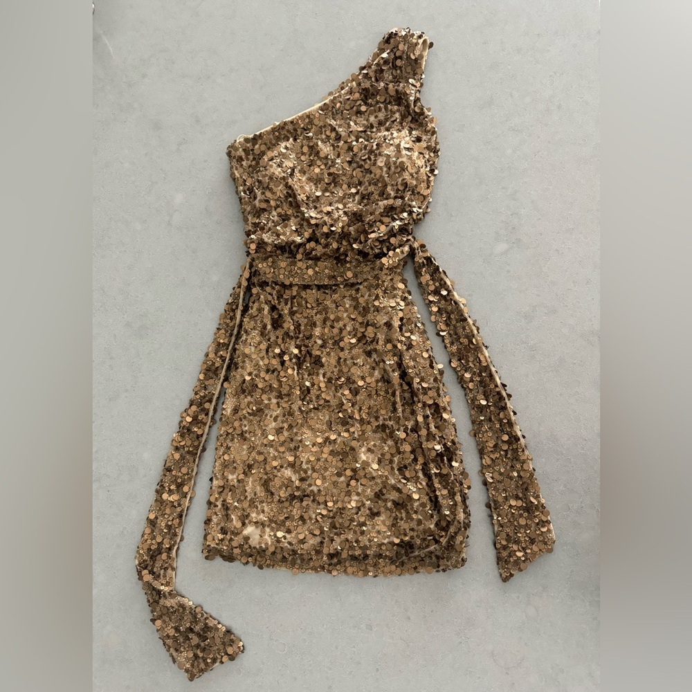 AIDAN MATTOX One Shoulder Gold Bronze Sequin Sash Dress Size 0 XS Worn Once